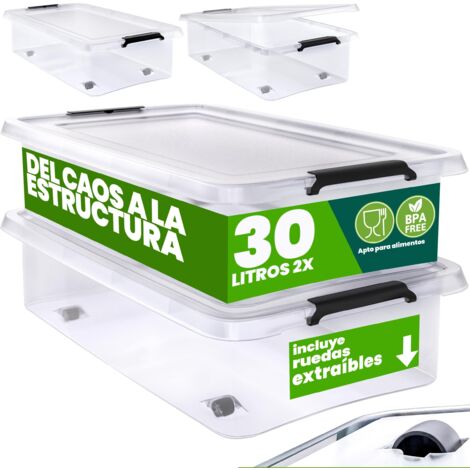 DEUBA® Caja Almacenamiento Plástico Transparente Resistente Capacidad 30 ó 60 Litros Organizador con Tapa 4 Ruedas Libre de BPA Contenedor Apilable 2x 30L (de)