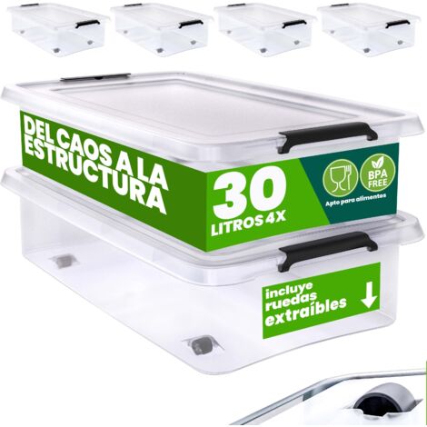 DEUBA® Caja Almacenamiento Plástico Transparente Resistente Capacidad 30 ó 60 Litros Organizador con Tapa 4 Ruedas Libre de BPA Contenedor Apilable 4x 30L (de)