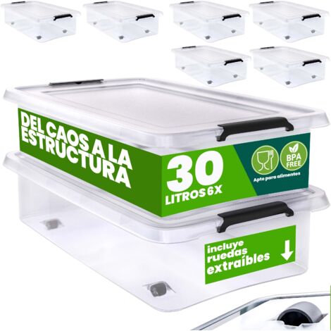 DEUBA® Caja Almacenamiento Plástico Transparente Resistente Capacidad 30 ó 60 Litros Organizador con Tapa 4 Ruedas Libre de BPA Contenedor Apilable 6x 30L (de)