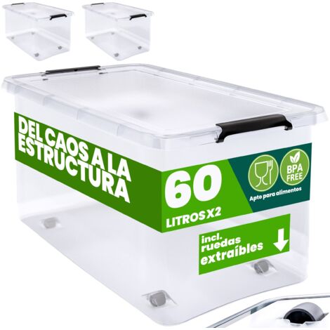 DEUBA® Caja Almacenamiento Plástico Transparente Resistente Capacidad 30 ó 60 Litros Organizador con Tapa 4 Ruedas Libre de BPA Contenedor Apilable 2x 60L (de)