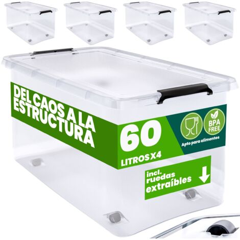 DEUBA® Caja Almacenamiento Plástico Transparente Resistente Capacidad 30 ó 60 Litros Organizador con Tapa 4 Ruedas Libre de BPA Contenedor Apilable 4x 60L (de)