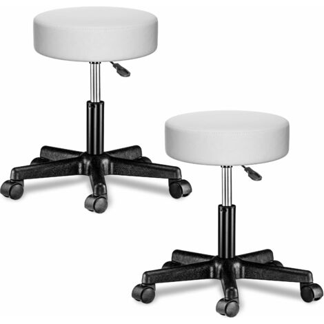CASARIA® Taburete con ruedas altura regulable 46-60cm acolchado 10cm 360° Ø35cm Set de 2 Blanco