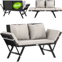 CASARIA® Banco de Jardín Multifuncional 2en1 Tumbona Reclinable Sofá Cama 240kg 3 Personas Intemperie o Interiores Acero y Poliratán Cojines Schwarz Creme (de)