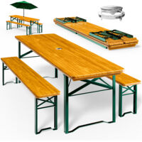 Casaria Conjunto de Jardín con 2 Bancos largos y Mesa 1,70 M de largo Set Patio Madera Exteriores Plegable 8 Personas Con Porta Sombrilla Para Exteriores e Interiores
