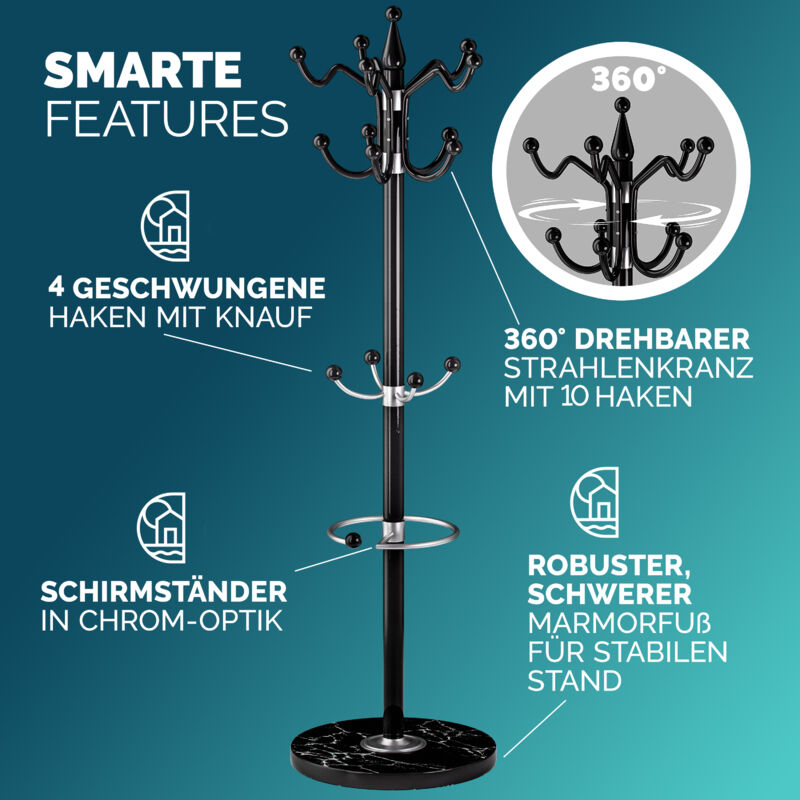 Appendiabiti Ad Albero Con Base Marmo - 4 Livelli, 16 Ganci, Nero, 170 Cm - Foto 8