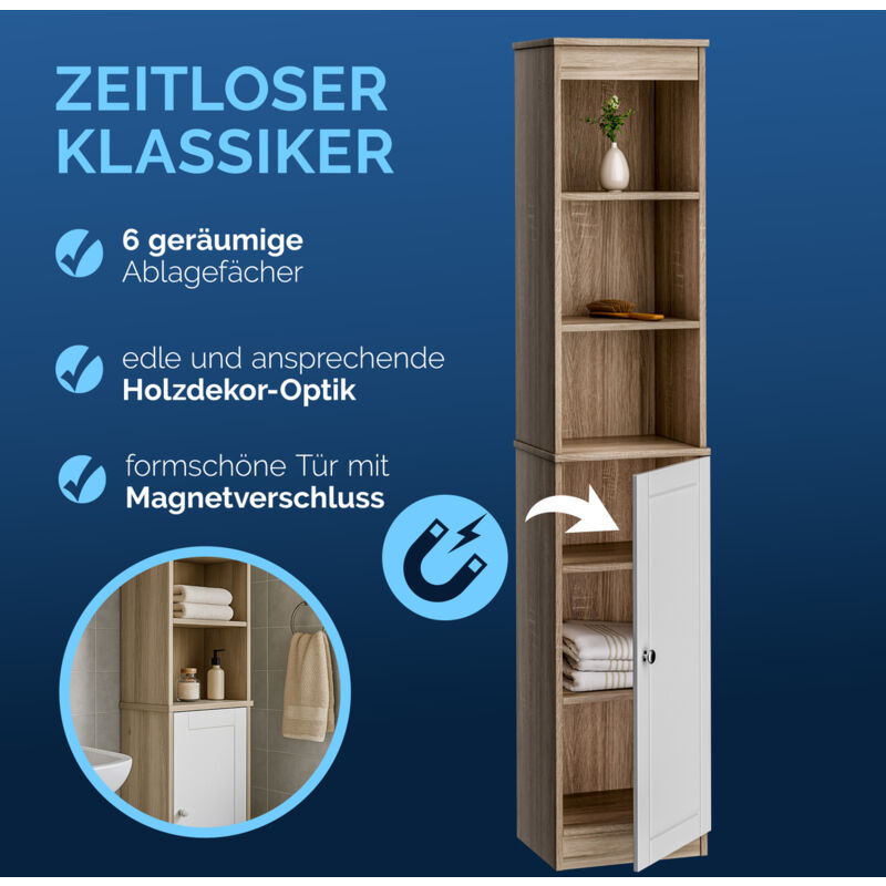 Bealife Armadio Stretto Da Bagno Alto 167 Cm - Mobile Contenitore Con Ripiani Regolabili E Cassetto - Bianco