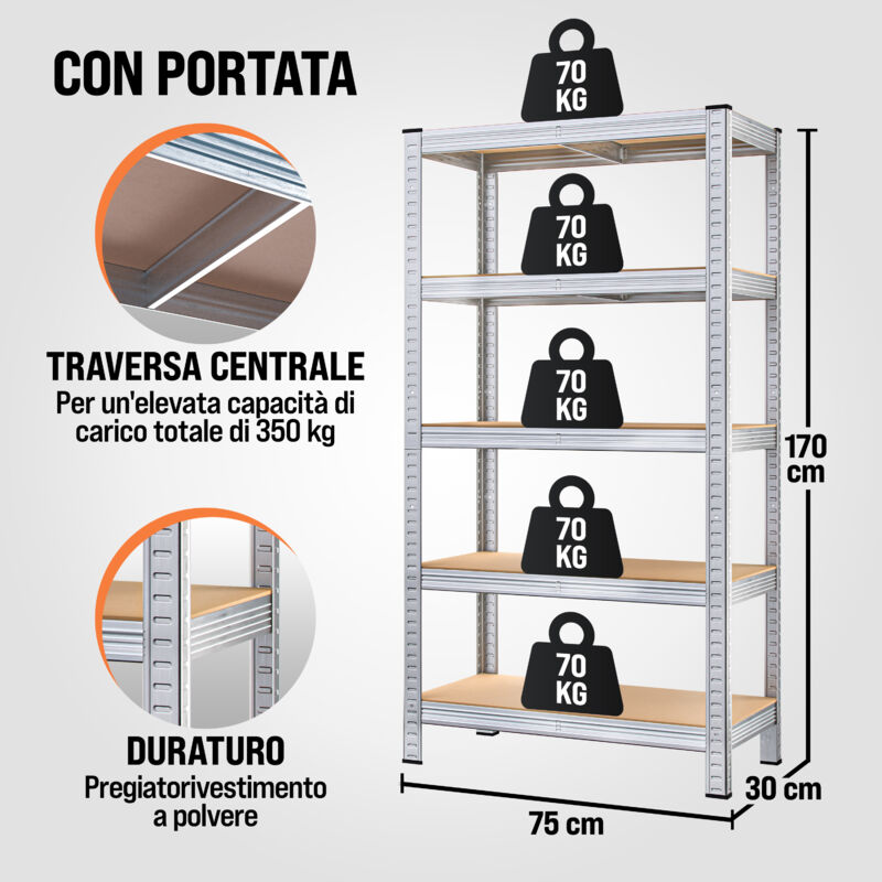 Scaffale 5 Ripiani 170x30x75cm - Metallo Zincato E Legno Per Garage O Magazzino