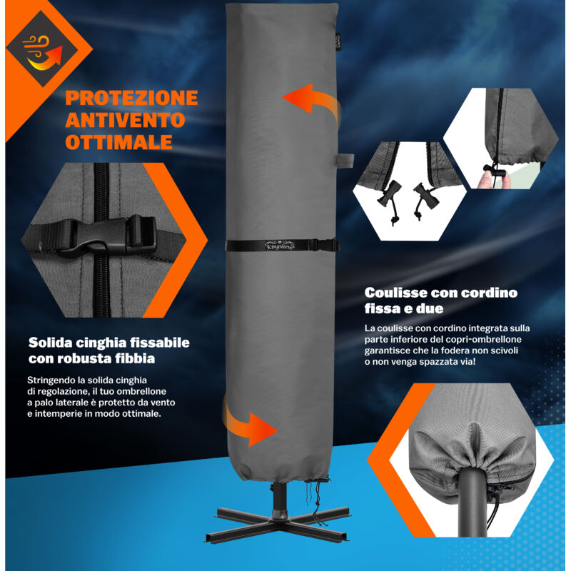 Copertura Protettiva Per Ombrellone Kingsleeve - Telo Impermeabile Fino A 350 Cm - Grigio - Con Asta Telescopica E Cerniera