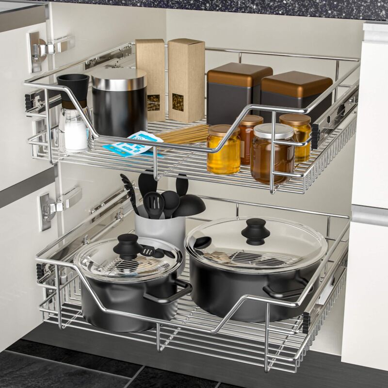 Cestello In Filo Estraibile A Due Livelli Per Il Mobile Della Cucina StoreEase, Organizer Per Armadio Con Estrazione Totale E Chiusura Silenziosa, Doppio Scaffale, Montaggio Inferiore, Cromo (150 MM - Foto 3