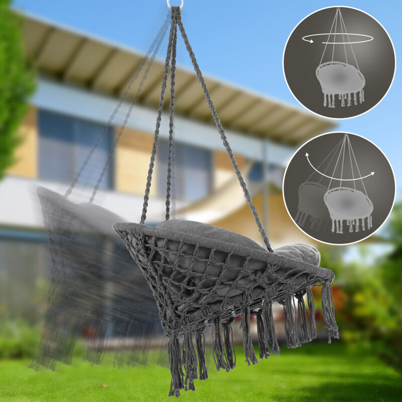 Poltrona Sospesa Da Giardino Detex | Portata 150 Kg, Cuscino Incluso, Anelli In Acciaio, Design Vintage Con Nappe, Crema