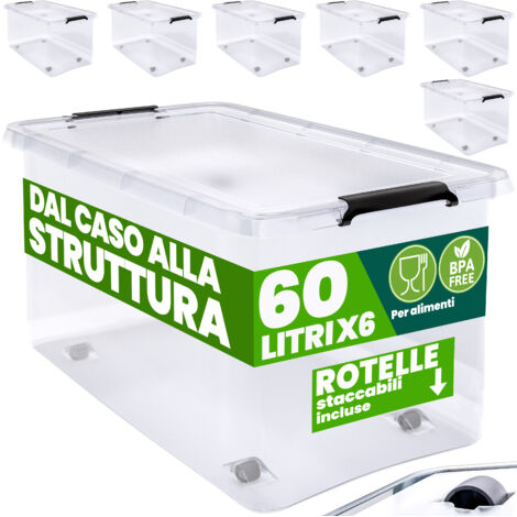 DEUBA® Scatola in plastica Contenitore con Coperchio Impilabile Trasparente Ruote Chiusura a Scatto Salvaspazio Senza BPA 60L/30L 6x 60L (de)