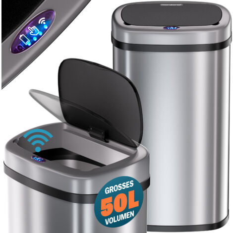 MONZANA® Cestino per Rifiuti con Sensore 50L in Acciaio Inox Pattumiera con Fissaggio Coperchio incl. Cavo USB Secchio Display LED Argento