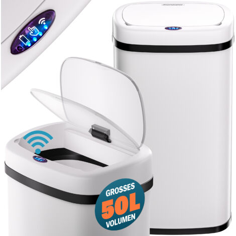 MONZANA® Cestino per Rifiuti con Sensore 50L in Acciaio Inox Pattumiera con Fissaggio Coperchio incl. Cavo USB Secchio Display LED bianco