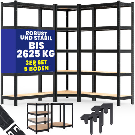 MONZANA® Set di 3 scaffali in metallo scaffalatura ad angolo 2625 kg 15 pannelli in MDF scaffale per magazzini cantine officina ad innesto Black (en)