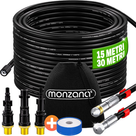 MONZANA® Tubo per Pulizia Tubature Set Premium 200bar Incl. 3 Adattatori 2 Bocchette Compatibili Idropulitrice Set universale per la pulizia dei tubi 15m (de)