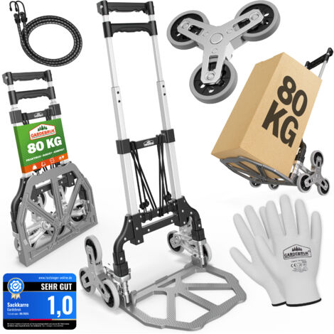 GARDEBRUK® Carrello con 3 ruote saliscale portatutto pieghevole 80Kg alluminio Incl. guanti 2 corde carrellino portapacchi trasporto scatole carrelli
