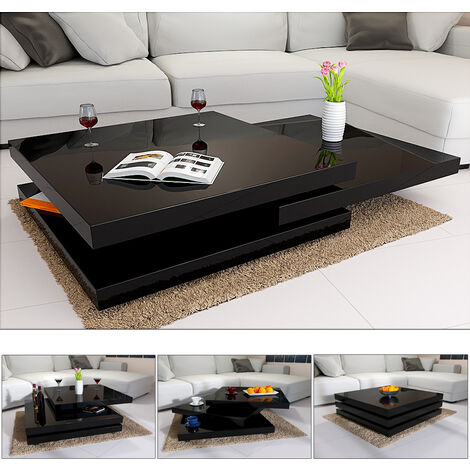 Deuba Tavolo da divano tavolino da salotto girevole laccato 3 piani bianco nero o grigio girevole 360° Nero - 60cm