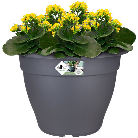 Set di 2 vasi da fiori con fori e sottovaso, misura grande, 28 x 28 cm, per esterni, in plastica, colore: antracite, modello: Finn