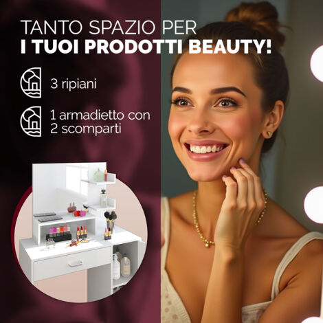 Tavolo Da Trucco Bianco Con Specchio LED 3 Colori E Cassetti – Scrivania Toeletta Con Armadio Antipolvere E Porta Gioielli - 6