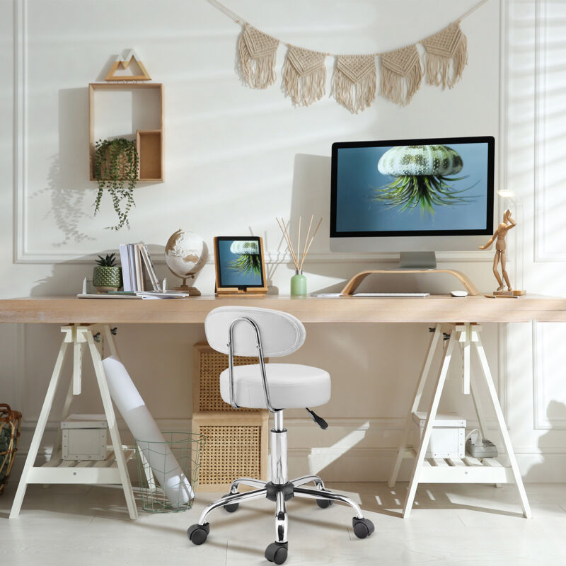 Tabouret Pivotant Réglable En Hauteur - Coussin Simili Cuir, Roulettes 360° - Pour Bureau, Coiffeuse, Bar - Blanc