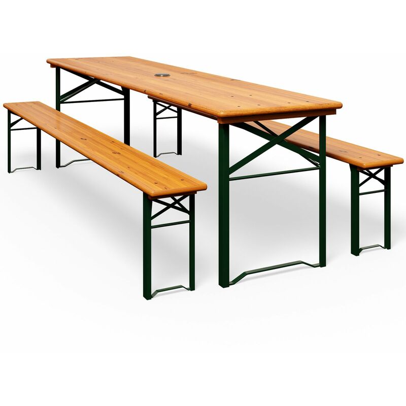 Table de jardin + 2 bancs pliable bois 180x50cm