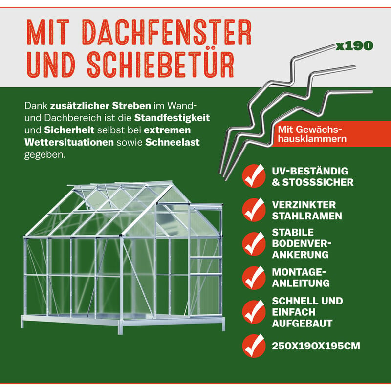 Serre de jardin en aluminium 7,6m³ avec 2 Fenêtres et une Gouttière +  Fondation/Base culture plantes extérieur