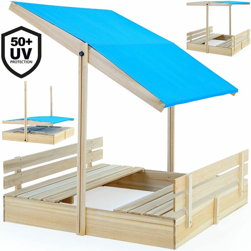 SPRINGOS® Bac à sable en bois avec bancs 120 x 120cm Sol en non-tissé  Couverture Bois imprégné Bac à sable pour enfants Aire de jeux