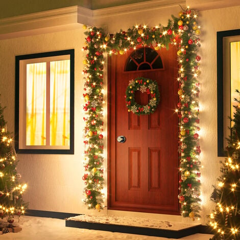 Guirlande de Noël lumineuse Décoration en sapin artificiel avec lumières  blanc chaud pour porte fenêtre balustrade