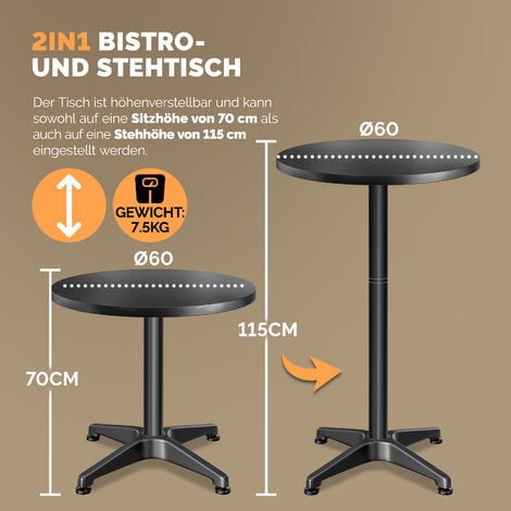 CASARIA® Table de bar bistrot pliable ronde ⌀ 60 cm réglable en hauteur 70 cm / 115 cm 2 en 1 en acier mange debout   Noir