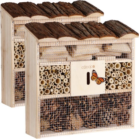 2x Hôtel à insectes en Bois naturel 30,5x31 cm Cabane Maisonette Nichoir à abeilles Hivernage Pollinisation Biodiversité