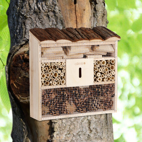 2x Hôtel à insectes en Bois naturel 30,5x31 cm Cabane Maisonette Nichoir à abeilles Hivernage Pollinisation Biodiversité