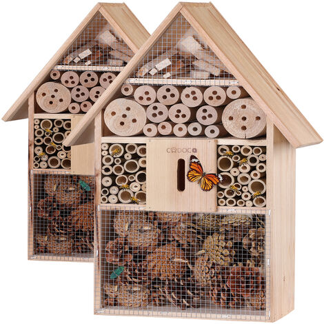 2x Hôtel à insectes XXL en bois naturel Maisonnette abri refuge abeille papillon cabane Hivernage Pollinisation Biodiversité