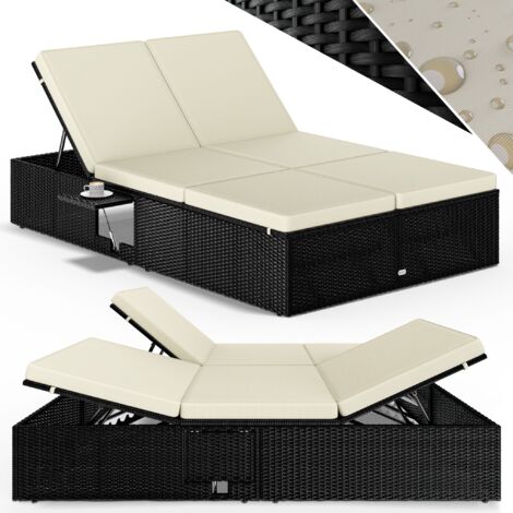 CASARIA® Chaise longue double extrémités réglables bain de soleil 2 personnes polyrotin chaise d’extérieur confortable  Noir crème