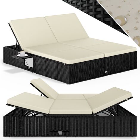 CASARIA® Chaise longue XL extrémités réglables bain de soleil 2 places polyrotin chaise d’extérieur confortable transat Noir crème (1/7)