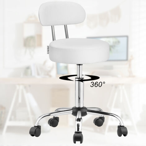 Tabouret Pivotant Réglable En Hauteur - Coussin Simili Cuir, Roulettes 360° - Pour Bureau, Coiffeuse, Bar - Blanc - 9