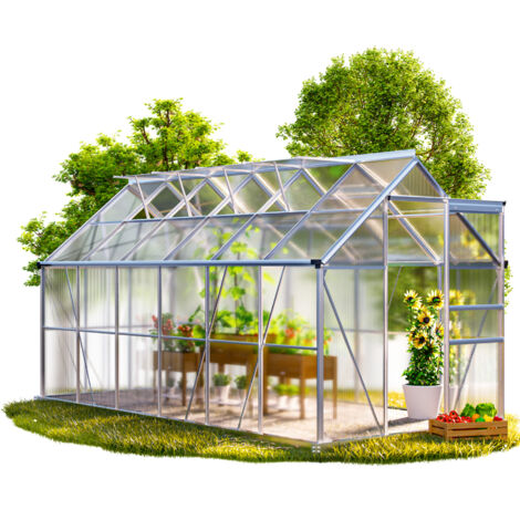 Gardebruk – Serre de jardin polycarbonate 3,6m² – Aluminium anodisé – 1 à 4 lucarnes de toit – Gouttière avec évacuation d'eau – Dimensions 380x190x195cm