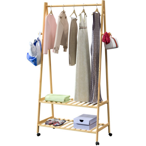 CASARIA® Portant à vêtements en bambou avec roulettes Porte-manteaux avec 2 étagères 4 crochets Rangement mobile 155x70x45cm