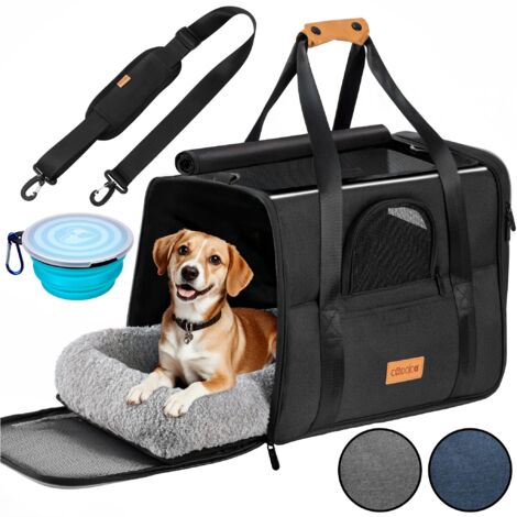 CADOCA® Sac de transport pour chat chien max. 20kg pliable avec bandoulière caisse de transport chat respirant avec gamelle-Anthracite