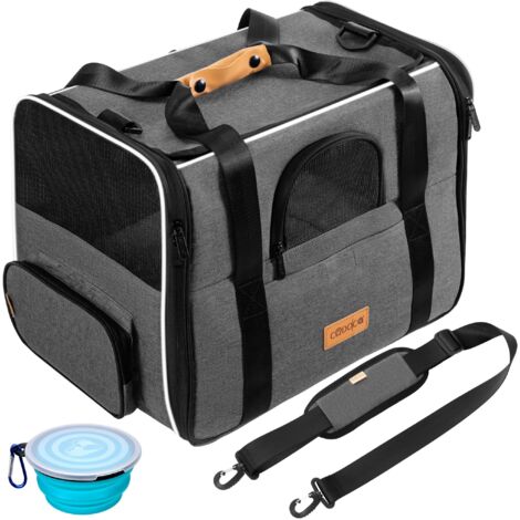 CADOCA® Sac de transport pour chat chien max. 20kg pliable avec bandoulière caisse de transport chat respirant avec gamelle-Gris