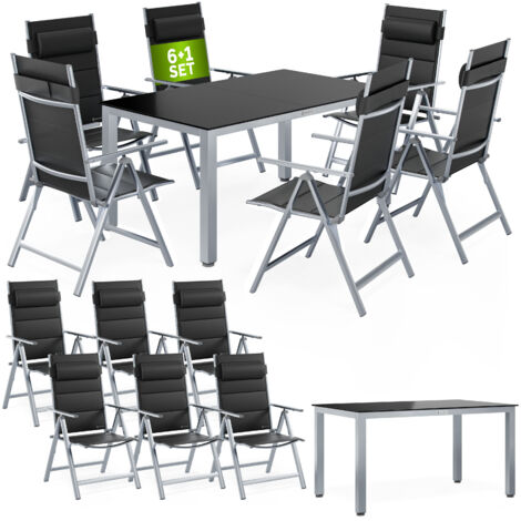 CASARIA® Salon de jardin aluminium Bern 6 chaises pliantes 1 table 150x90cm dossier réglable 8 positions ensemble de jardin terrasse balcon extérieur Argenté (1/5)