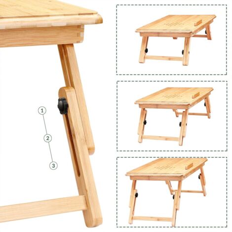 Bureau Ordinateur Portable En Bambou Avec Tiroir Et Panneau Réglable - Table Lit Dessin Pliable Pour Maison Et Dortoir