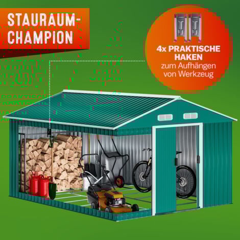 Abri de jardin en métal vert 14,65m³ Cabane remise rangement vélos outils bricolage