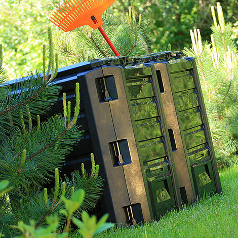 DEUBA® Composteur de jardin plastique noir transformateur de déchets écologique avec couvercle et trappe d’extraction  380 litres
