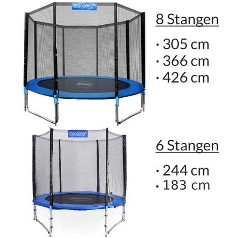 Filet de sécurité pour trampoline Résistant Entrée fermable Dimension au choix  244 - 250 cm / 6 Stangen