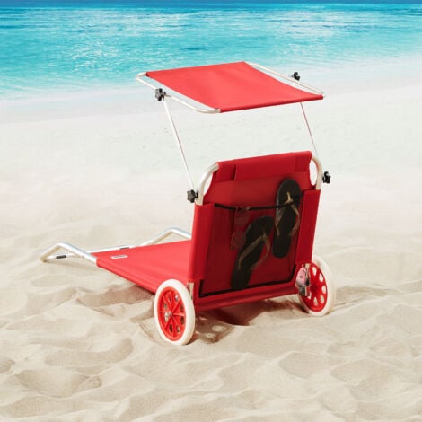 Chaise longue Crête de plage transat pliable chariot de transport avec pare soleil réglable voyage robuste  Rouge