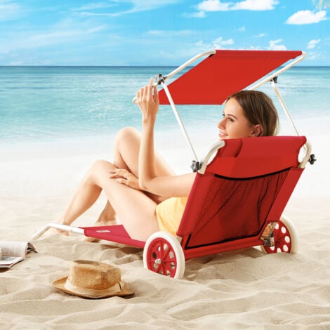 Chaise longue Crête de plage transat pliable chariot de transport avec pare soleil réglable voyage robuste  Rouge