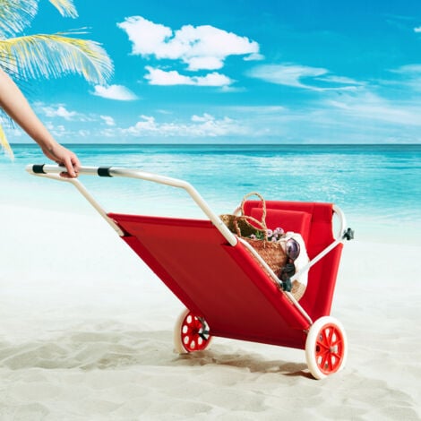 Chaise longue Crête de plage transat pliable chariot de transport avec pare soleil réglable voyage robuste  Rouge