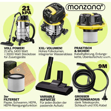 MONZANA® Aspirateur eau et poussière 30L avec fonction soufflerie Aspirateur de chantier multifonction 1400W