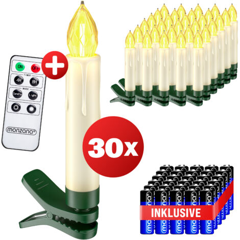 DEUBA® Bougie LED de Noel sans câble décoration lumineuse aspect bougie de cire fonctionnement à pile minuterie 24h  Set de 30 / Blanc chaud + Piles