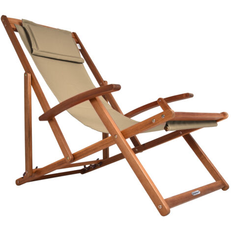 Deuba – Chaise longue pliante en bois – Transat réglable 3 positions – Accoudoirs et appuie-tête rembourré – Pour jardin et plage